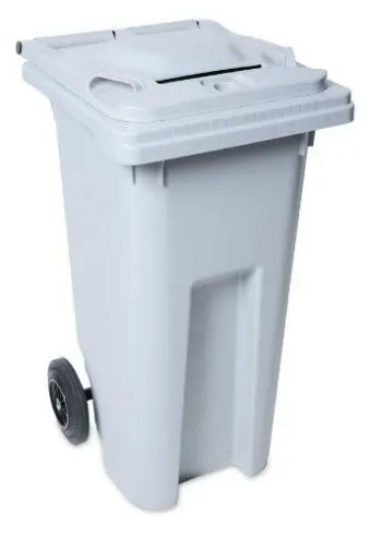 A gray, rectangular wheeled trash bin with a flat lid and a square slot opening. The bin has a robust body and two black wheels for mobility. The lid is secured with a hinge mechanism and appears to be designed for easy transport and disposal.