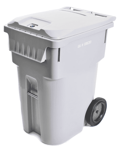 A large, gray, wheeled trash bin with a lid, displayed against a white background.